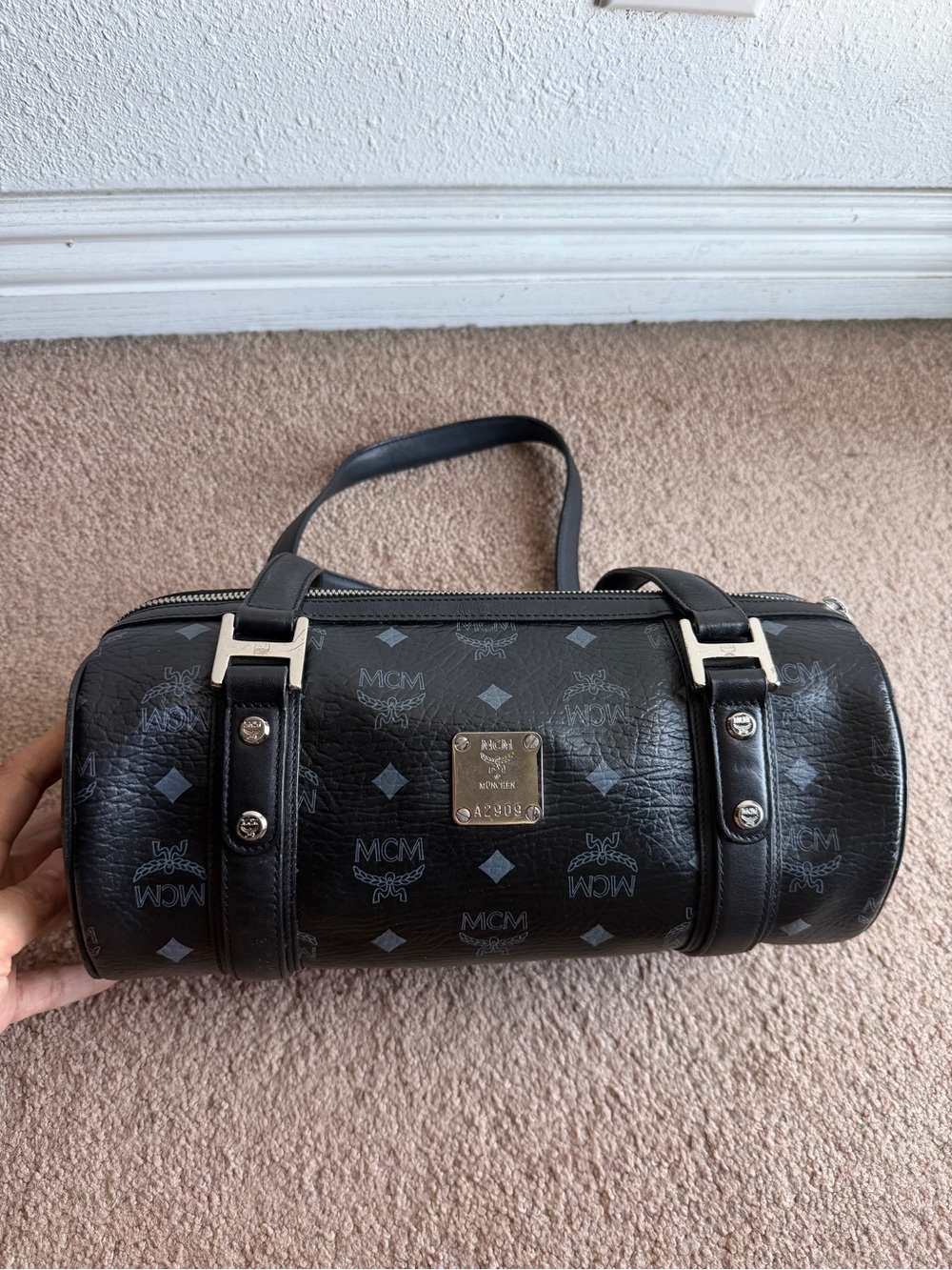 MCM Black Visetos Barrel Bag with Silver Hardware
